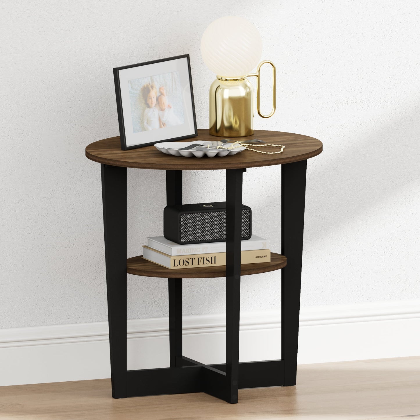 Furinno TIDUR 2-Tier Oval Round Edge Nightstand Columbia Walnut