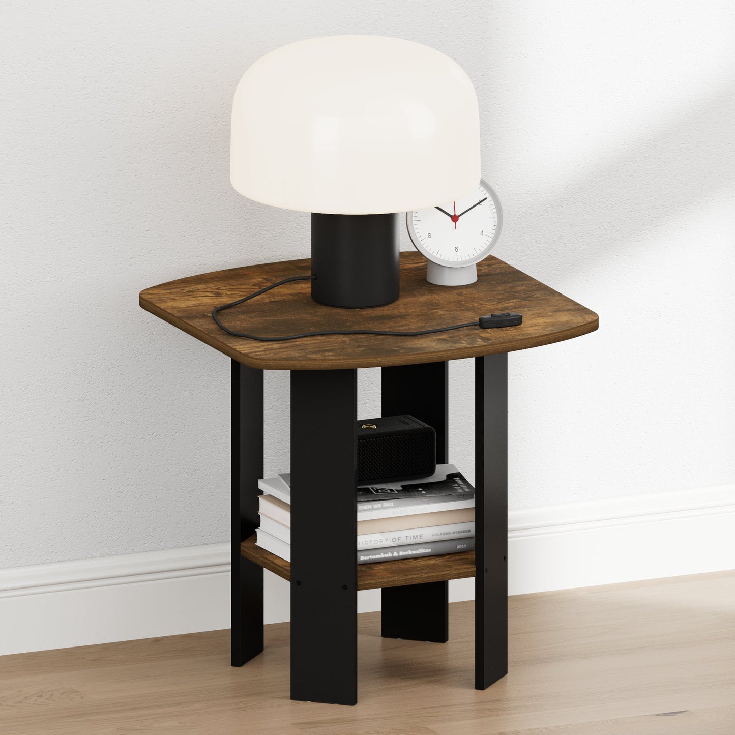 Furinno TIDUR 2-Tier Round Corner Nightstand with Storage Shelf Amber Pine