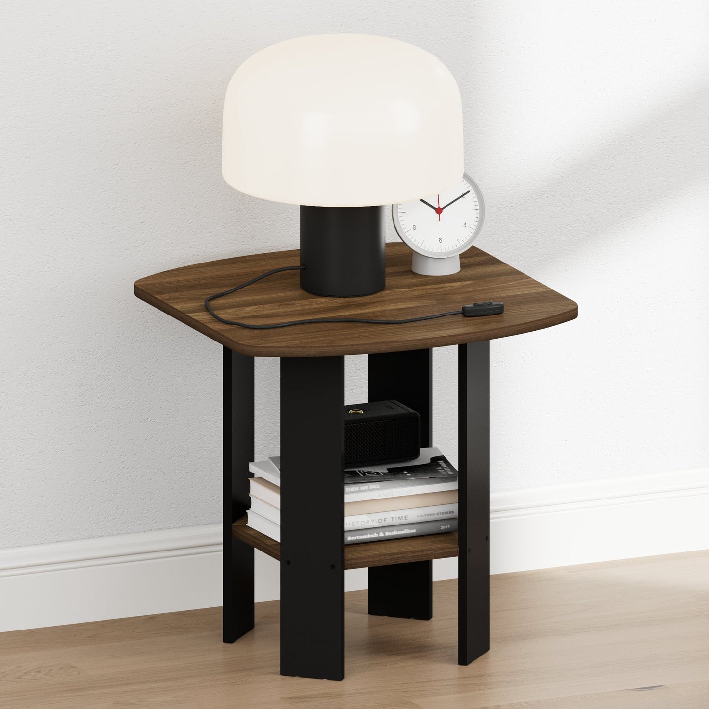 Furinno TIDUR 2-Tier Round Corner Nightstand with Storage Shelf Columbia Walnut