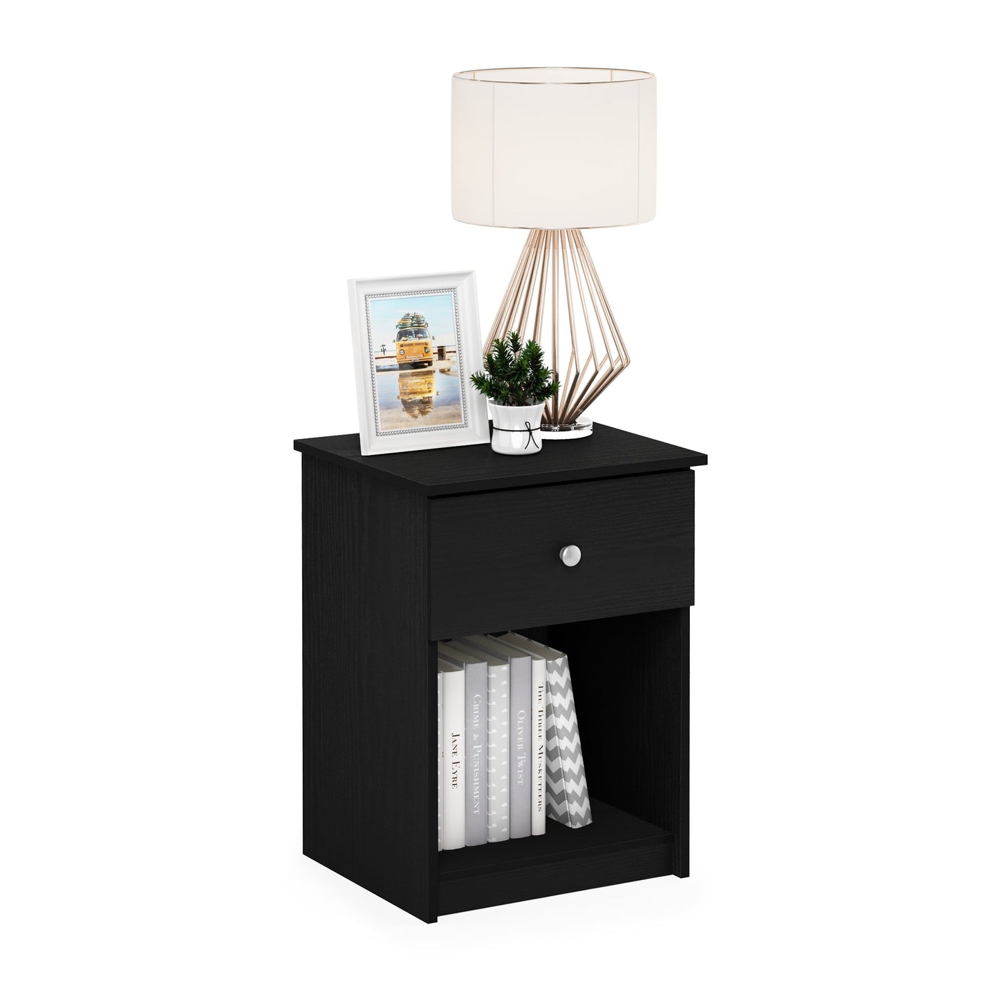 Furinno TIDUR Night Stand, Nightstand with Drawer, Bedside Table, End Table, Side Table with Storage Shelf, Knob Handle Drawer, for Bedroom, Living Room, Dark Americano