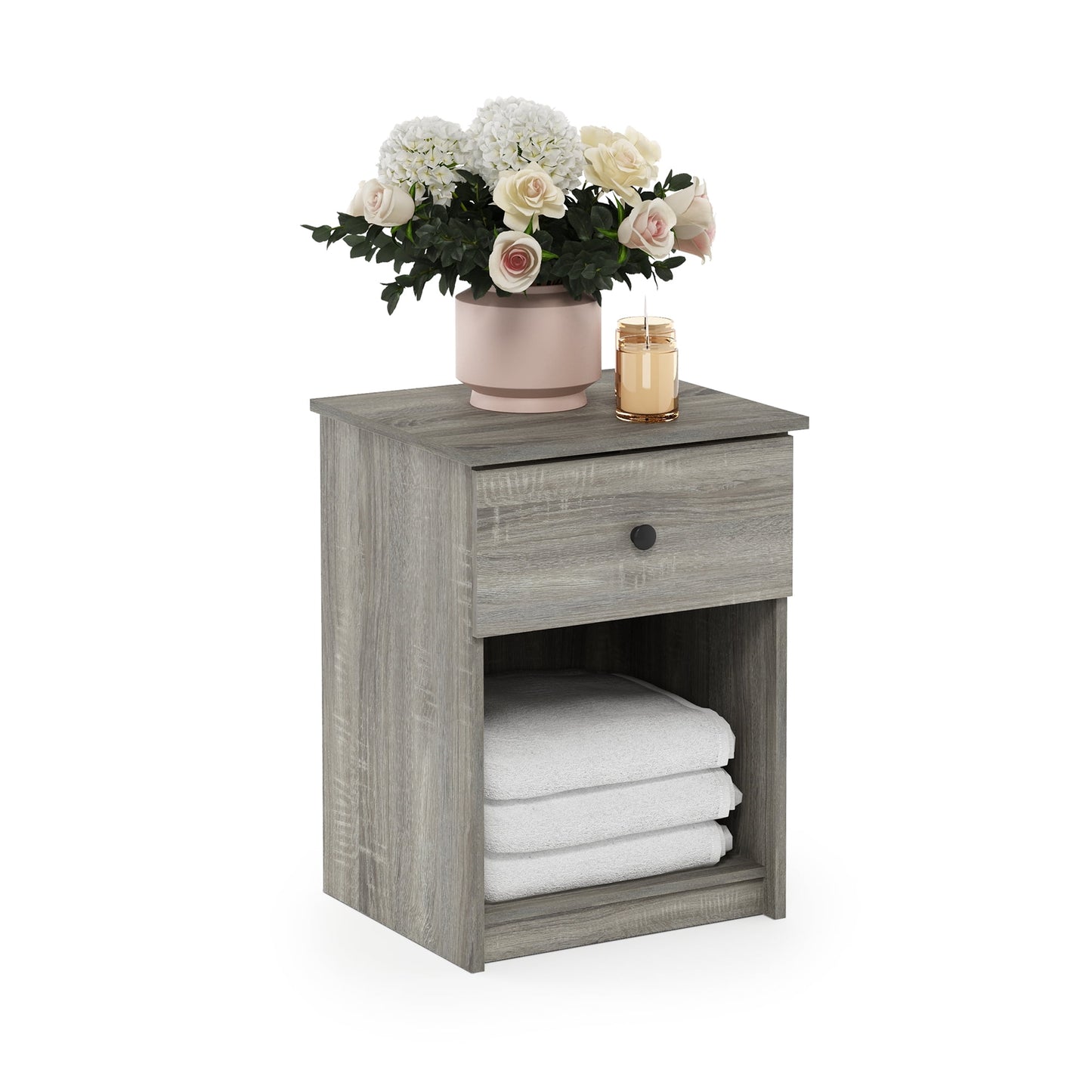 Furinno TIDUR Night Stand, Nightstand with Drawer, Bedside Table, End Table, Side Table with Storage Shelf, Knob Handle Drawer, for Bedroom, Living Room, Grey Oak