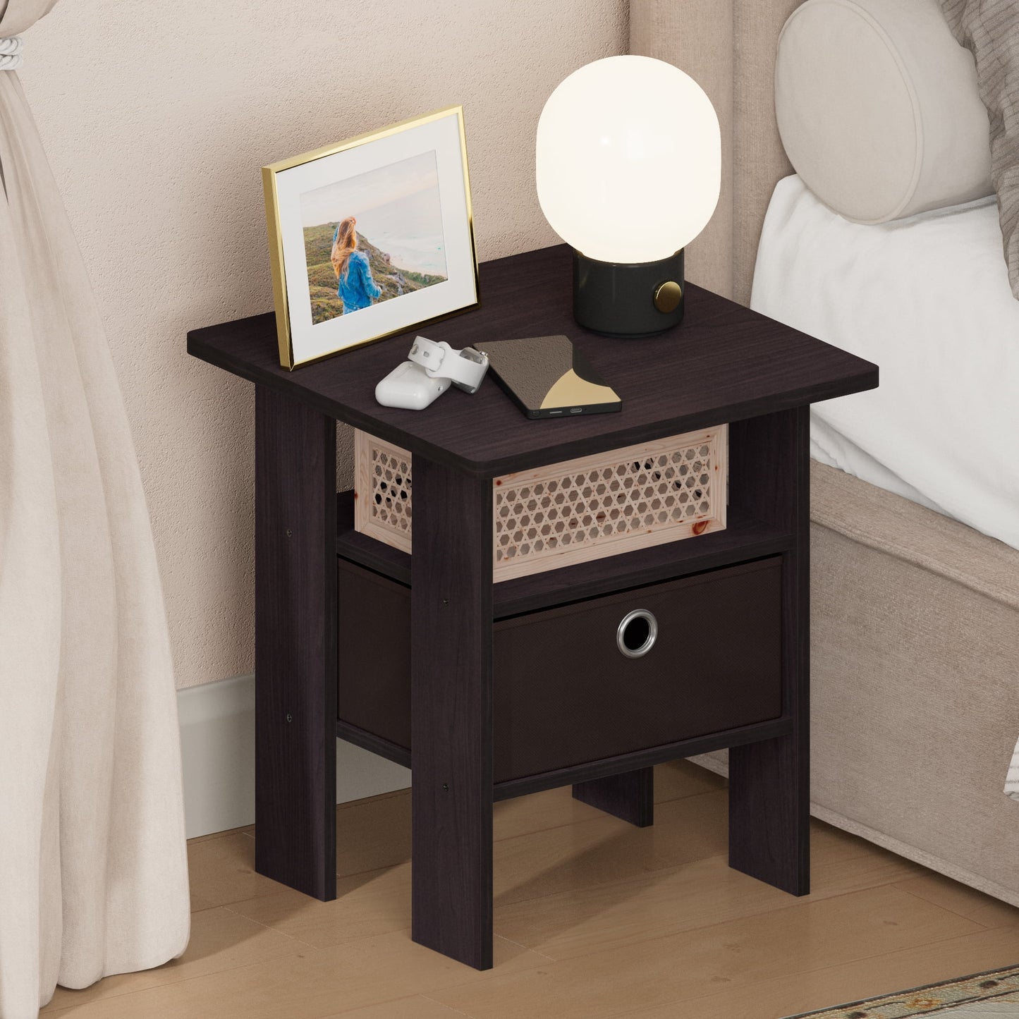 Furinno TIDUR Night Stand, Open Shelf Design Nightstand with Storage Bin, Bedside Table, End Table, Side Table, for Bedroom, Living Room, Dark Walnut