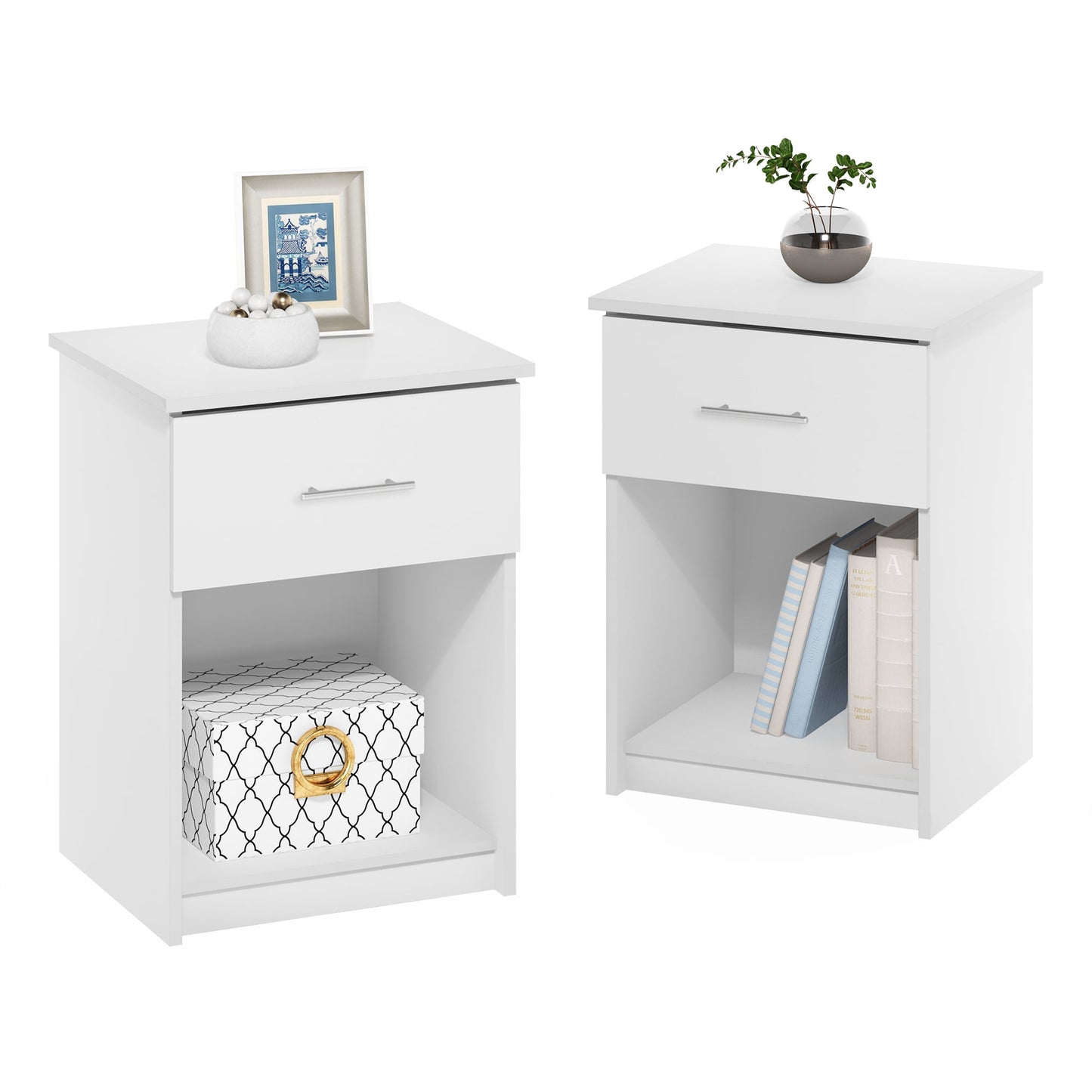 Furinno TIDUR Night Stand Set of 2, Modern Nightstand with Drawer, Bedside Table with Storage Shelf, End Table, Side Table, Bar Handle Drawer, for Bedroom, Living Room, White