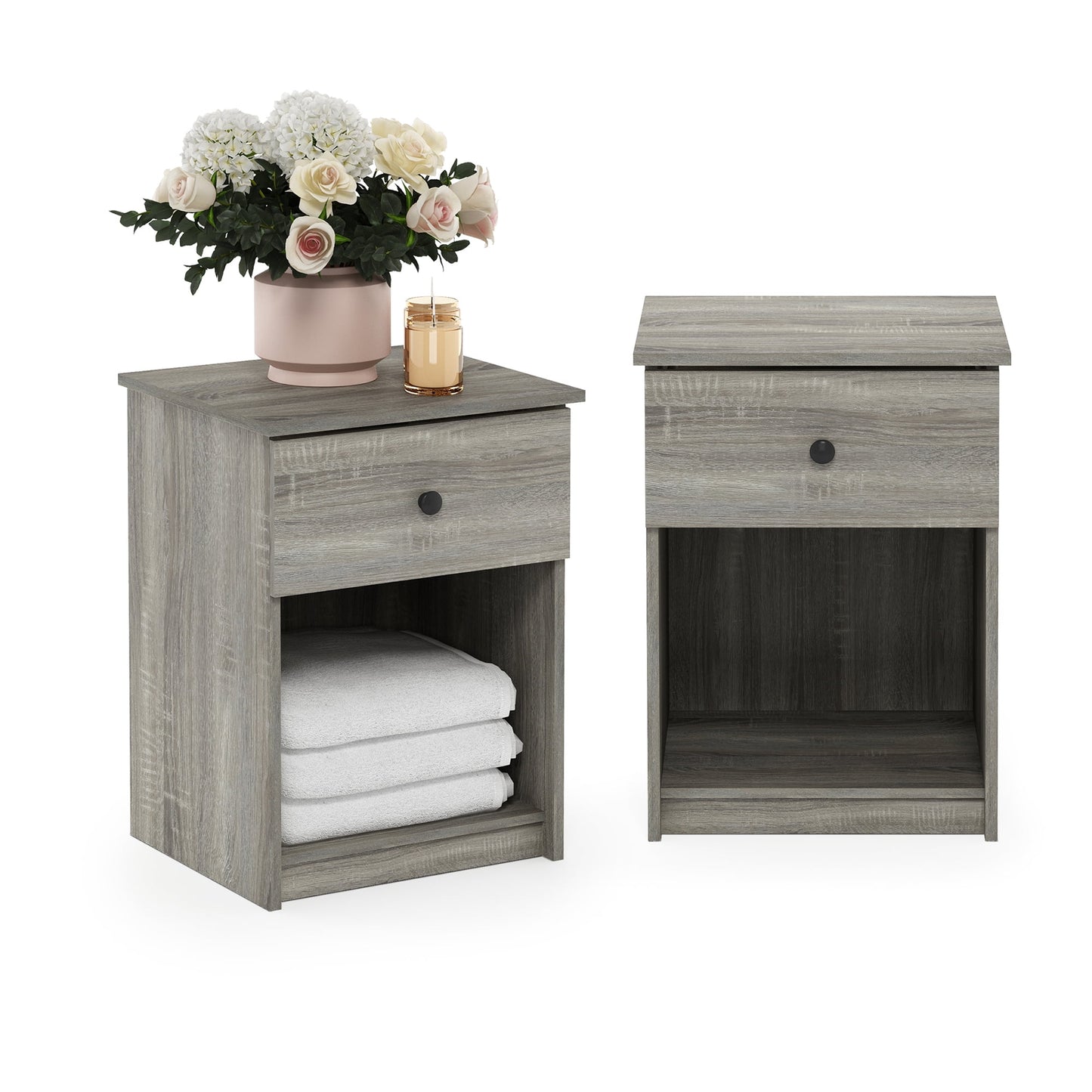 Furinno TIDUR Night Stand Set of 2, Modern Nightstand with Drawer, Bedside Table with Storage Shelf, End Table, Side Table, Knob Handle Drawer, for Bedroom, Living Room, Grey Oak