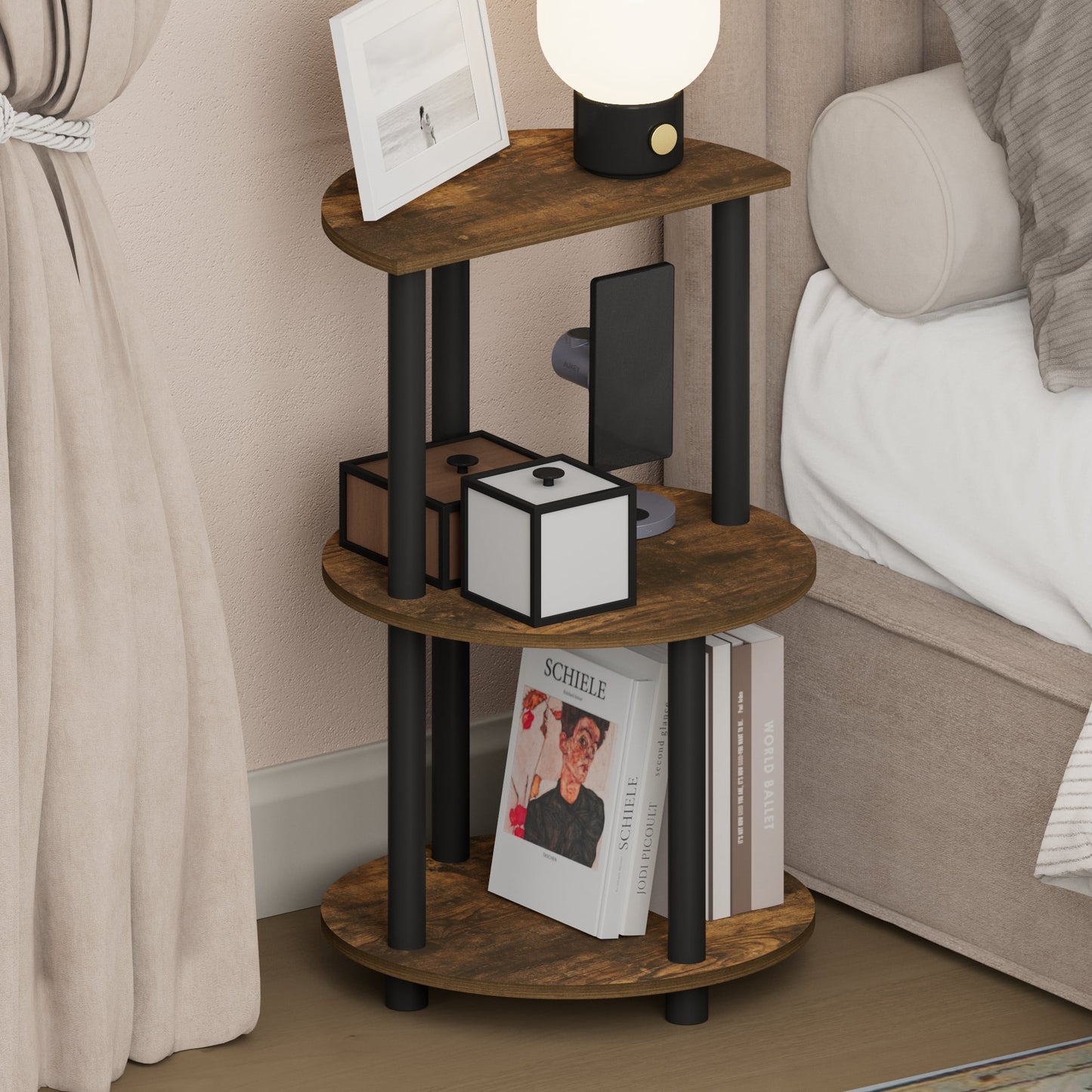 Furinno TURN-N-TUBE 3-Tier Half Round Top Panel Open Nightstand Amber Pine