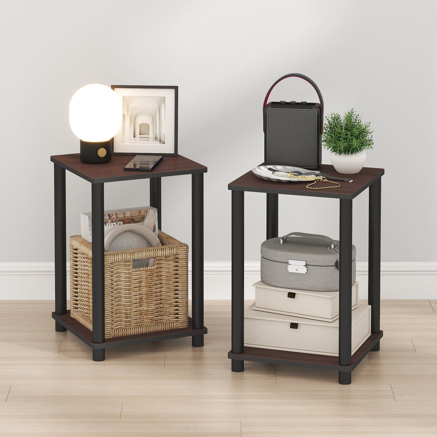 Furinno TURN-N-TUBE Night Stand Set of 2, 2-Tier Stackable Nightstand with Open Shelf, Toolless Bedside Table, Side Table, End Table for Living Room, Bedroom, Dark Cherry