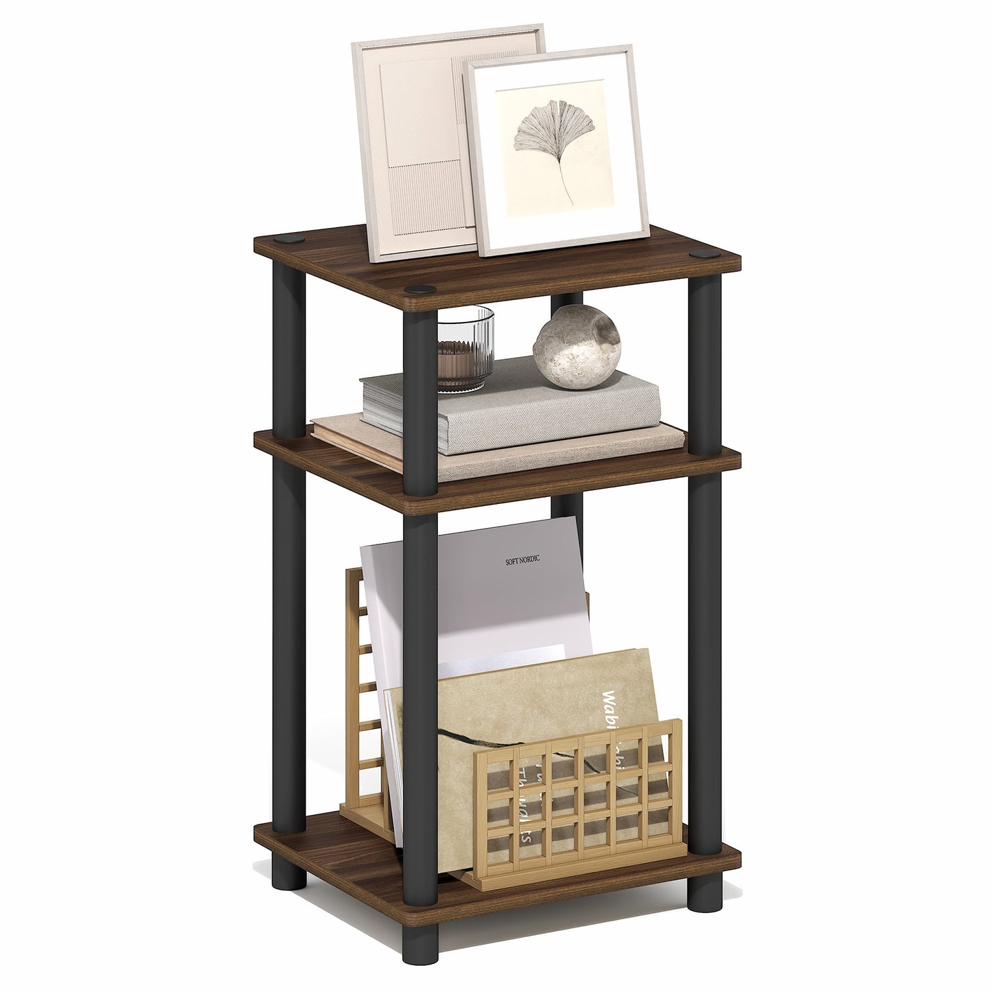 Furinno TURN-N-TUBE Side Table, 3-Tier End Table, Night Stand, Bedside Table, for Living Room, Bedroom, Brown Walnut