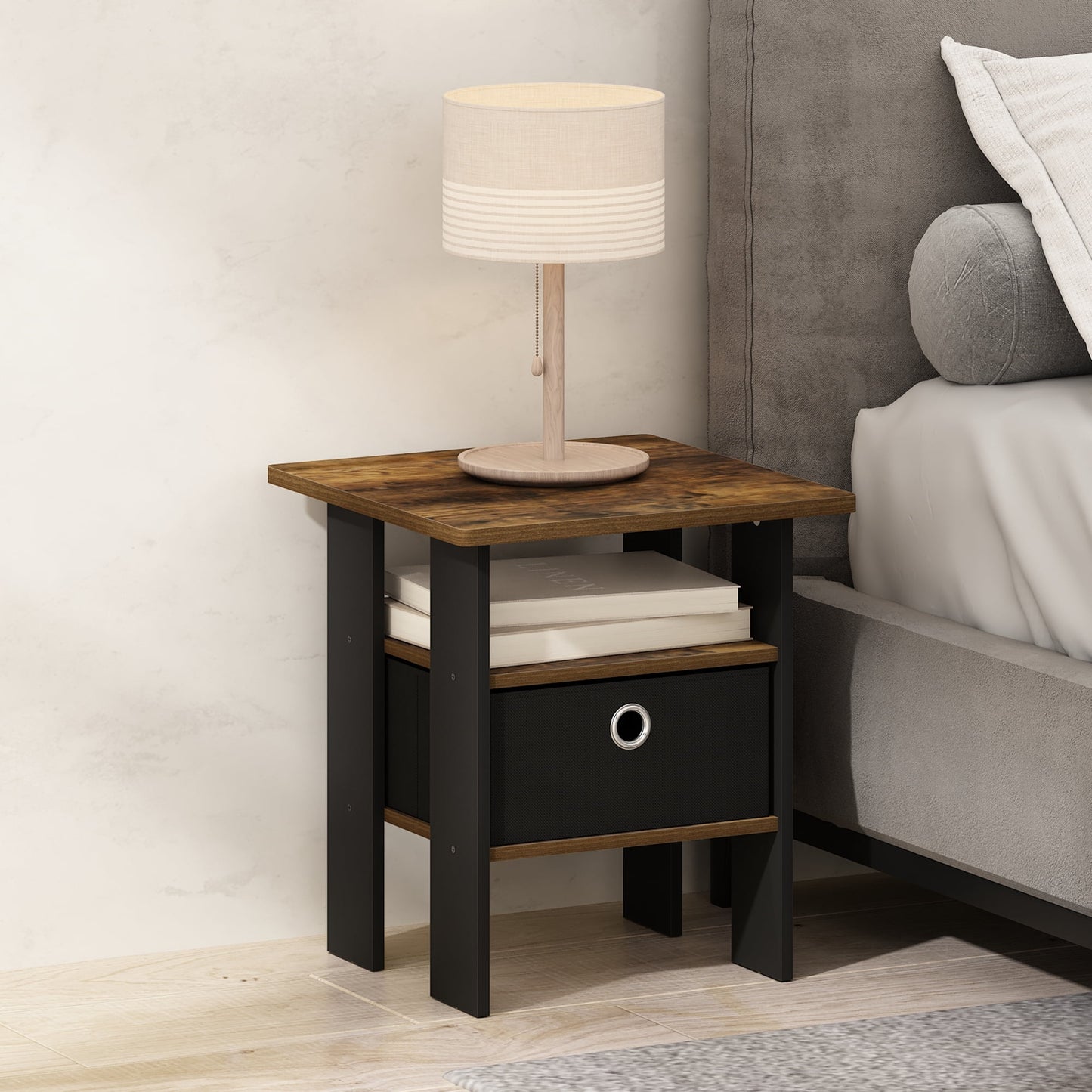 Furinno Tidur Bedside Table Nightstand with Bin Drawer, Amber Pine/Black