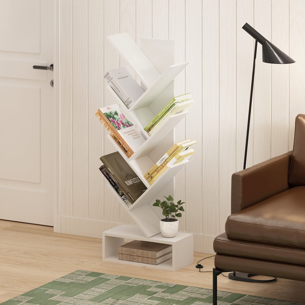 Furinno Tree Bookshelf 7-Tier Floor Standing Tree Bookcase with Bottom White