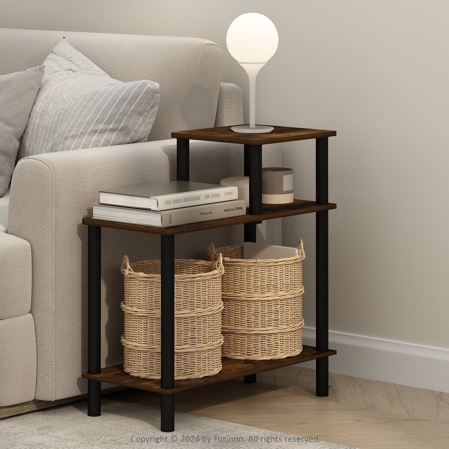 Furinno TURN-N-TUBE Side Table, 3-Tier Rectangle Sofa End Table with Open Shelf, Toolless Assembly Night Stand, Bedside Table, for Living Room, Bedroom, Amber Oak