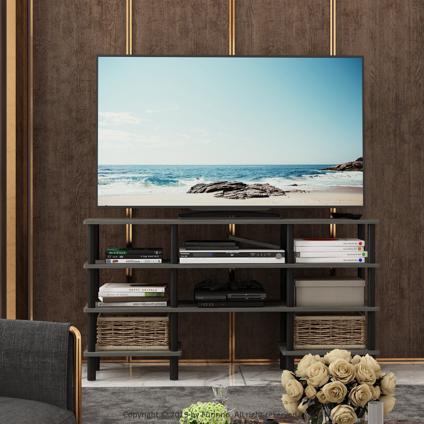 Furinno Turn-N-Tube 4-Tier Multipurpose Wide Shelf TV Stand, French Oak/Black