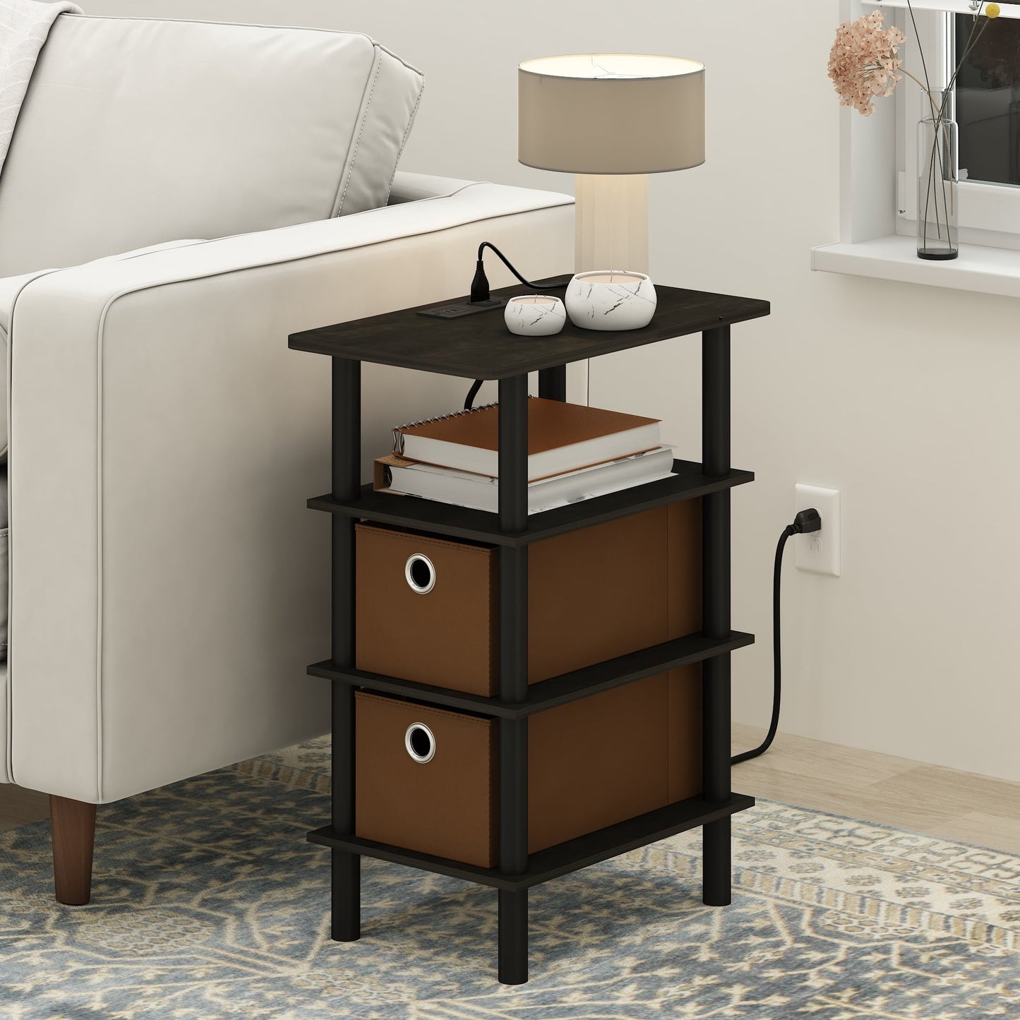 Furinno Turn-N-Tube 4-Tier Side Table, End Table, Nightstand with Bin Drawers, USB and Type-C Charging Port, Espresso/Black/Brown