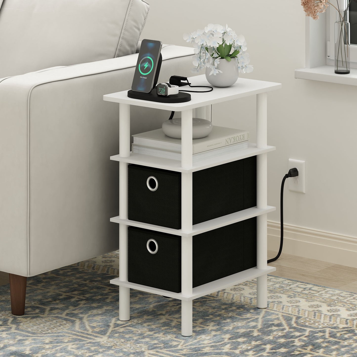 Furinno TURN-N-TUBE 4-Tier Side Table in End Table in White/White/Black