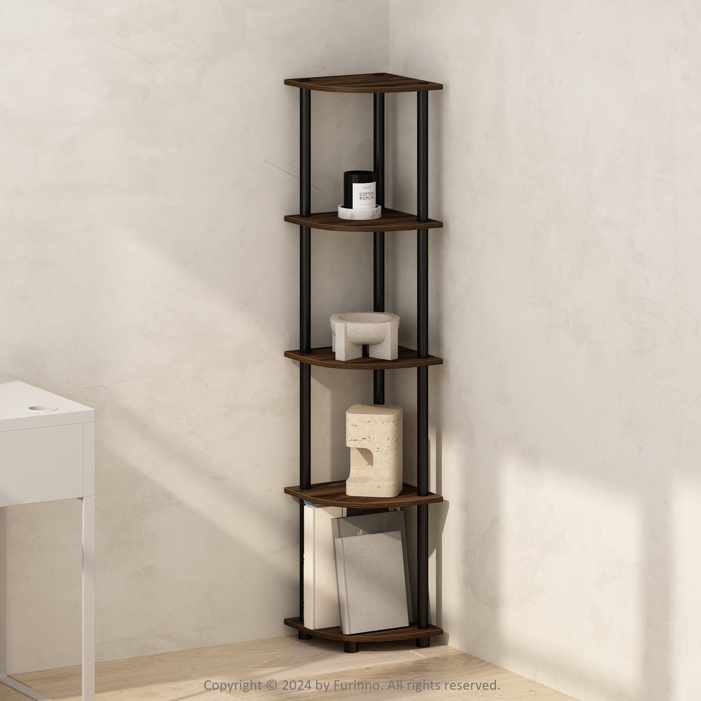 Furinno Turn-N-Tube 5 Tier Corner Bookcase, Particle Board Columbia Walnut/Black, 9 lb