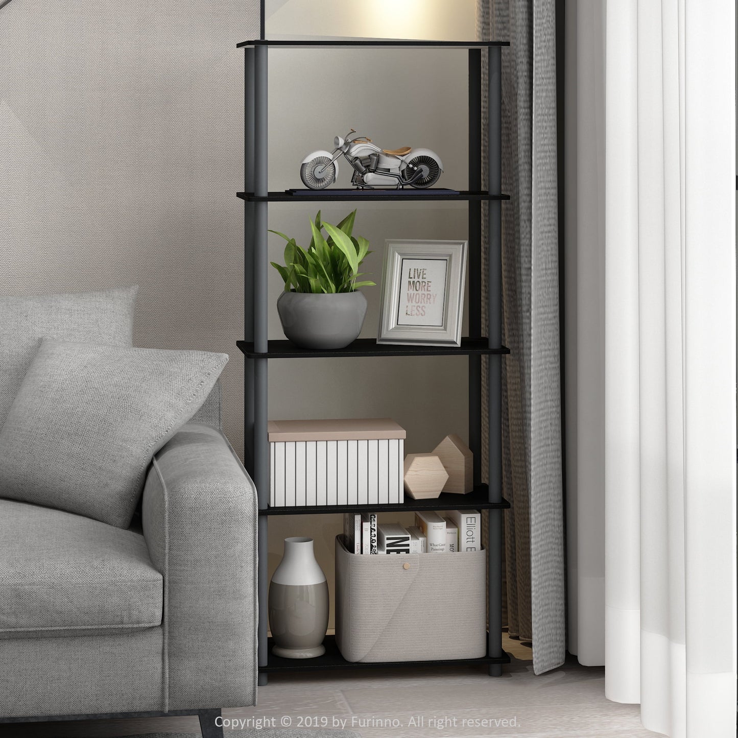 Furinno 23.6"W X 11.4"D X 43.25"H 4-Shelf Decorative Shelves, Gray and Black