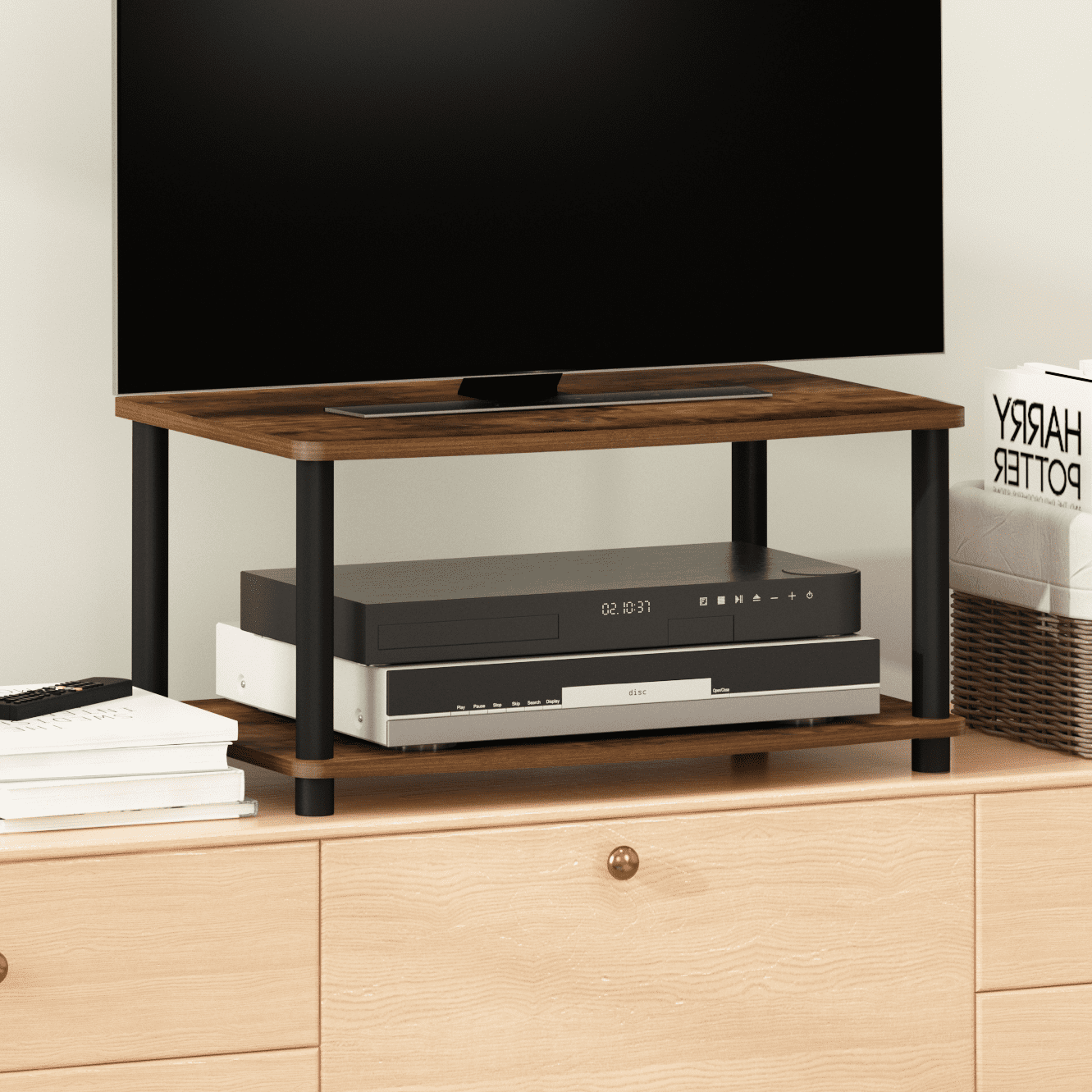Furinno Turn-N-Tube sin Herramientas Mueble para TV Elevado de 2 Niveles, Pino Ãmbar/negro