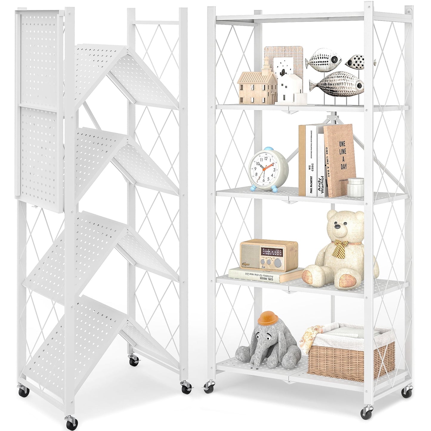 Furnibear 5-Tier Folding Storage Shelves with Wheels, Foldable Metal Rack, Collapsible Shelves for Garage, Kitchen, Basement, White