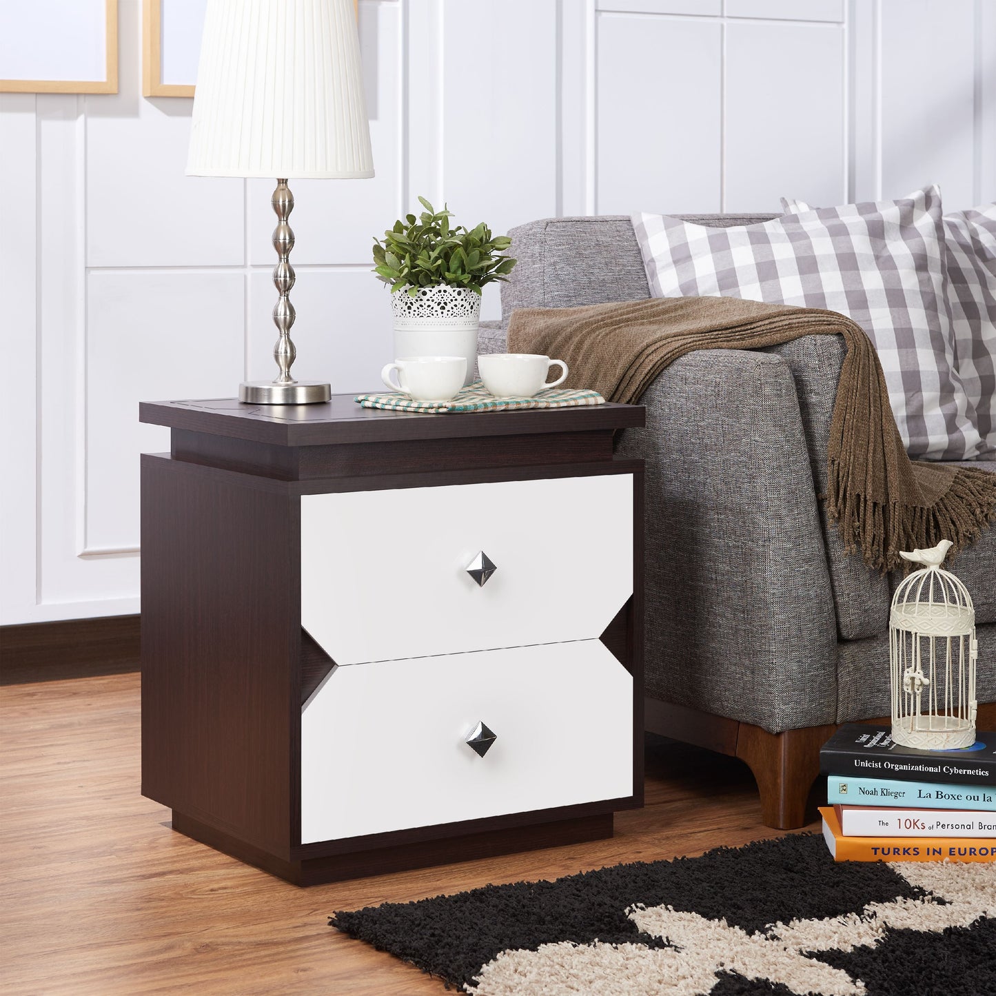 Furniture of America Micah 2-Drawer End Table, Walnut and White