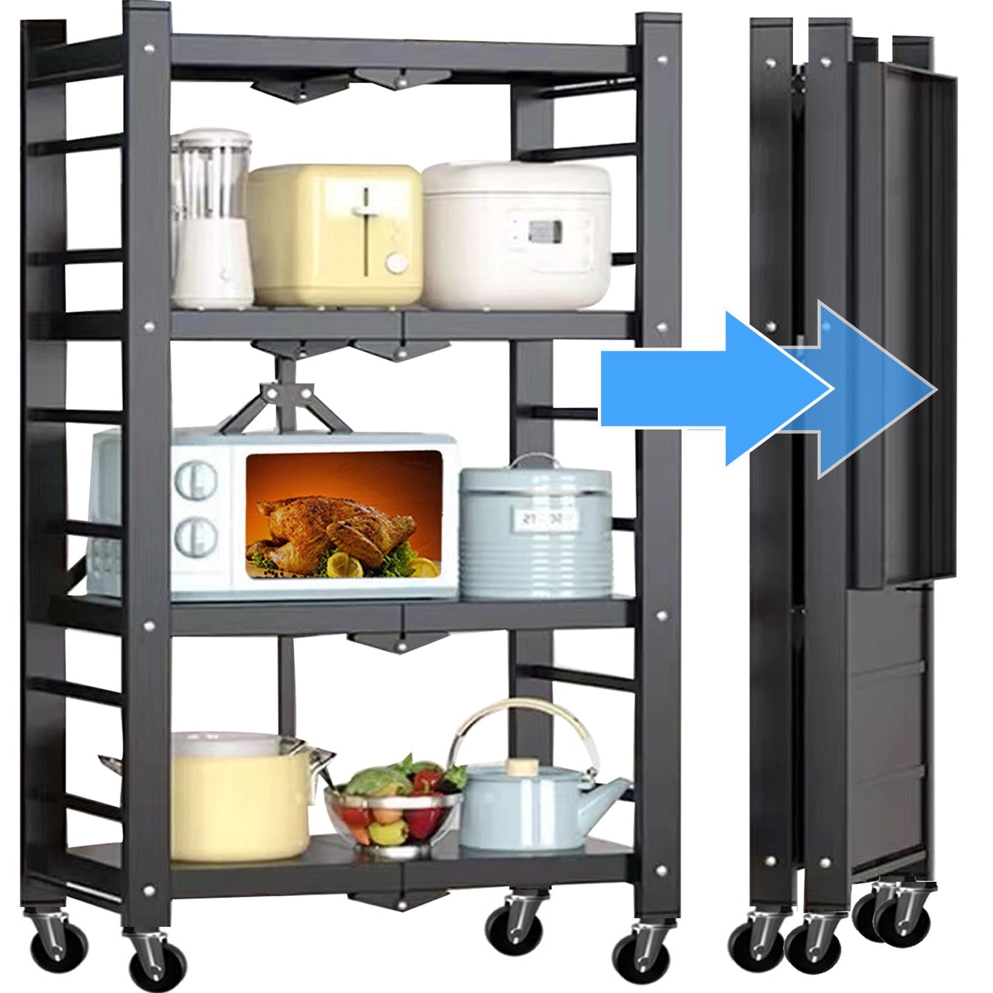 Camkey 4-Tier Storage Shelf Rack, 250lbs Capacity Heavy Duty Metal Shelf , Foldable Storage Shelving Unit with Wheels, Garage Shelf, Metal Storage Rack, Kitchen Shelf , No Assemble Require