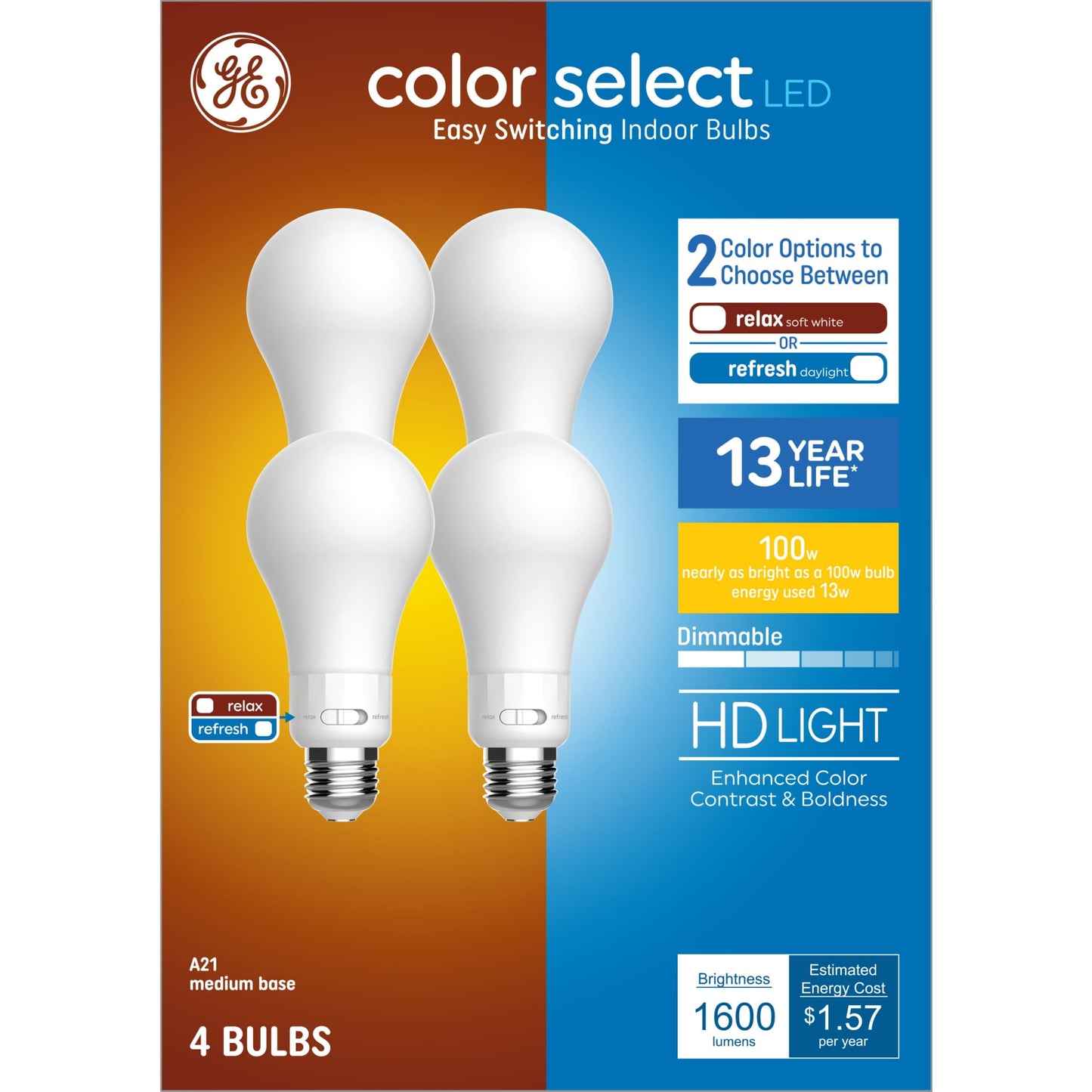 GE Color Select LED Light Bulbs, 100 Watt, A21 Bulbs, Medium Base, 4pk