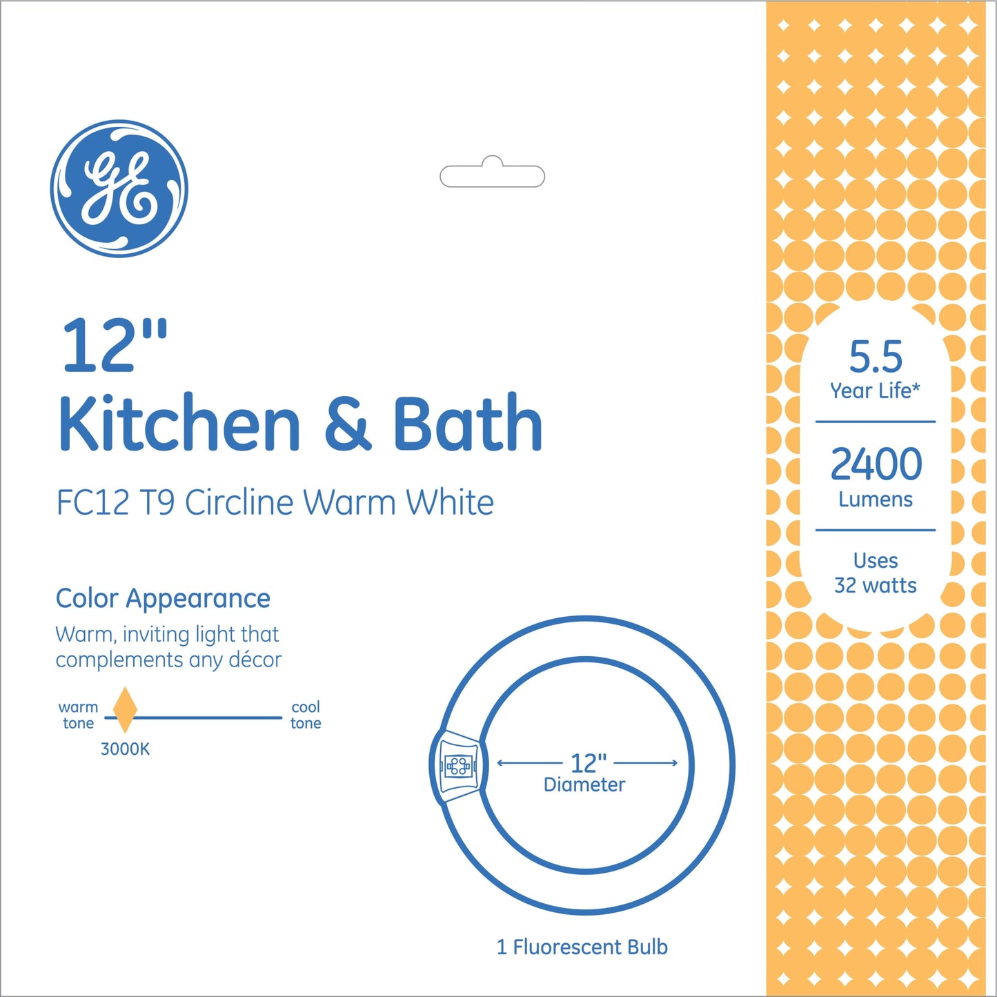 GE 32 Watt Fluorescent Tube Light Bulb, Warm White, T9 Bulb with G10q Base, Single Pack