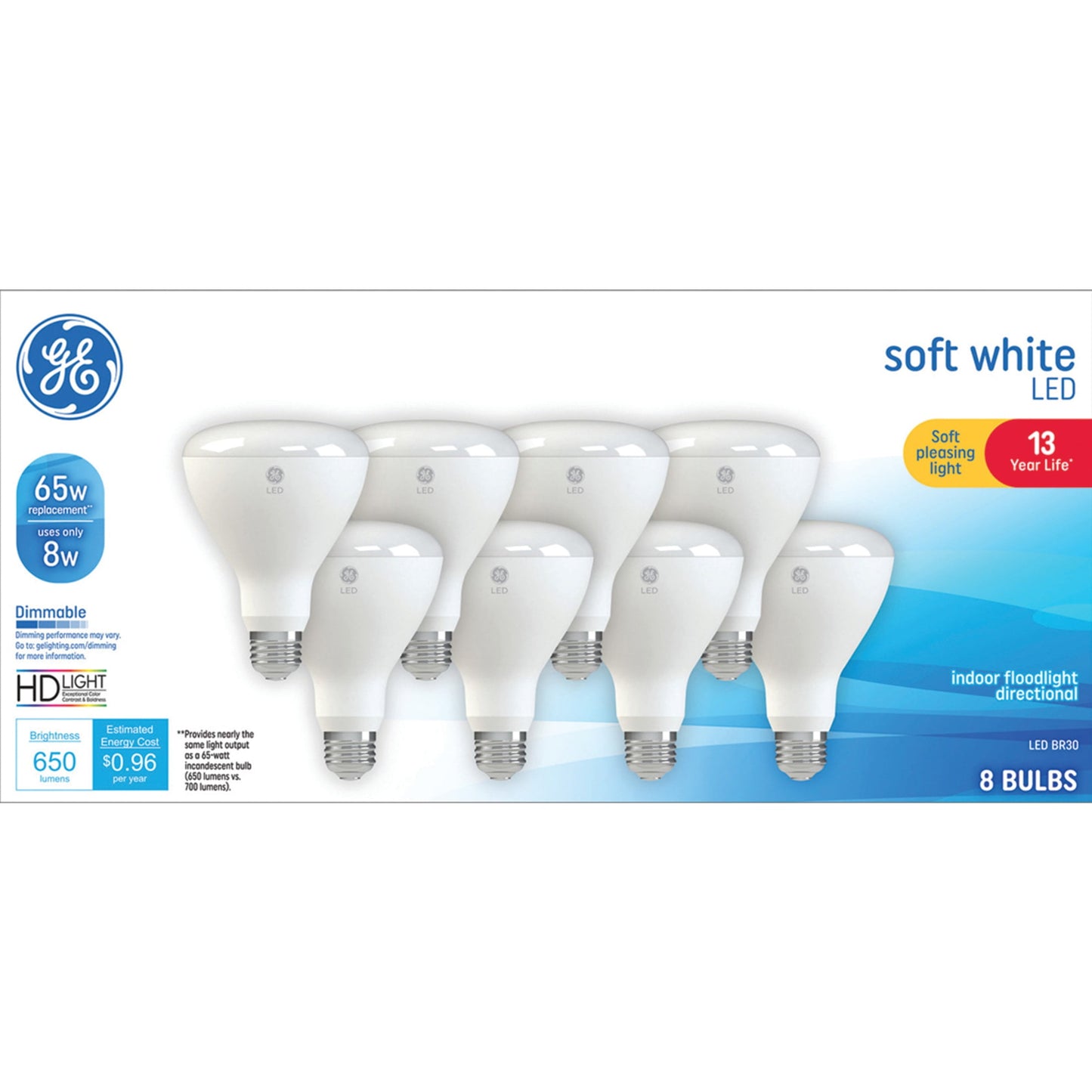 GE LED Light Bulbs, 65 Watt, Soft White, BR30 Floodlights, Medium Base, 13yr, 8pk
