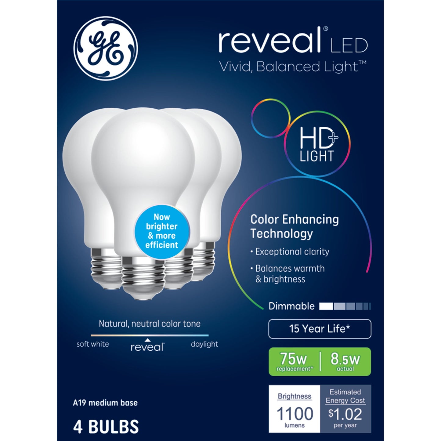 GE Reveal HD+ LED 75 Watt Replacement, Reveal, A19 General Purpose Bulbs (4 Pack)