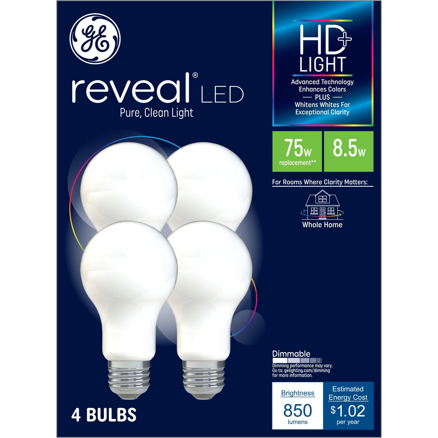 GE Reveal HD+ LED Light Bulbs, 75 Watt, A19 Bulbs, Medium Base, Frosted Finish, 4pk