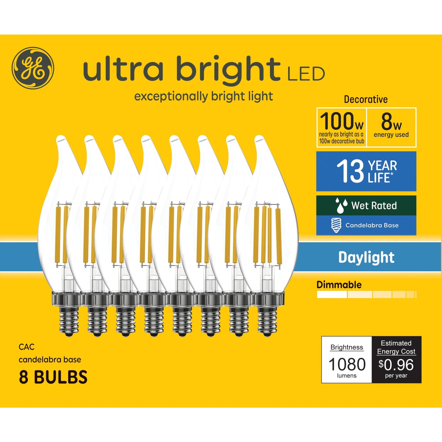 GE Ultrabright LED Light Bulbs, CAC Decorative Candle Bulbs, 100 Watt Replacement, Daylight (8 Pack)