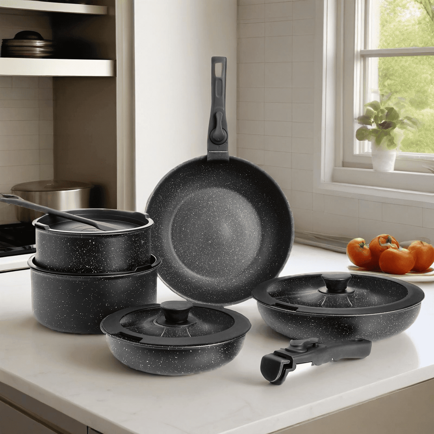 GIANNA 12 Pcs Stackable Pots and Pans Set Nonstick - Kitchen Cookware Set with Detachable Handle, Induction Cookware, Black