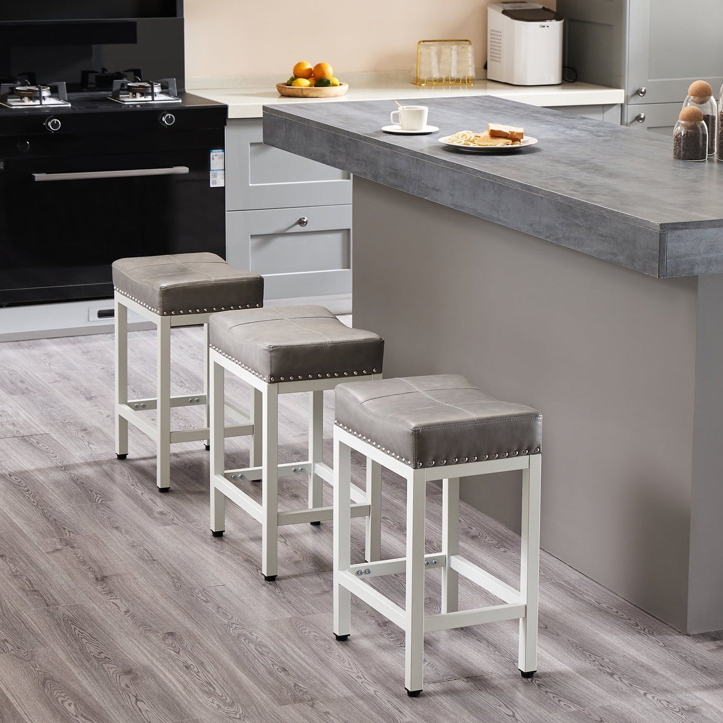 GIANNA 24" Counter Height Bar Stools, Set of 2, Metal Base, PU Leather, for Kitchen and Dining, Gray