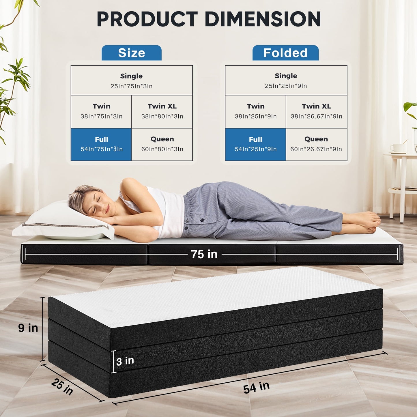 Gianna 3" Full Size Tri-fold Memory Foam Mattress, Foldable Mattress