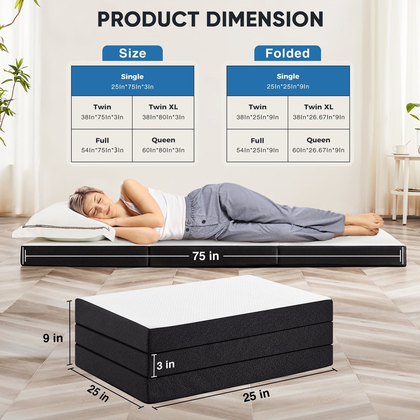 GIANNA 3" Singel Size Tri-fold Memory Foam Mattress, Foldable Mattress
