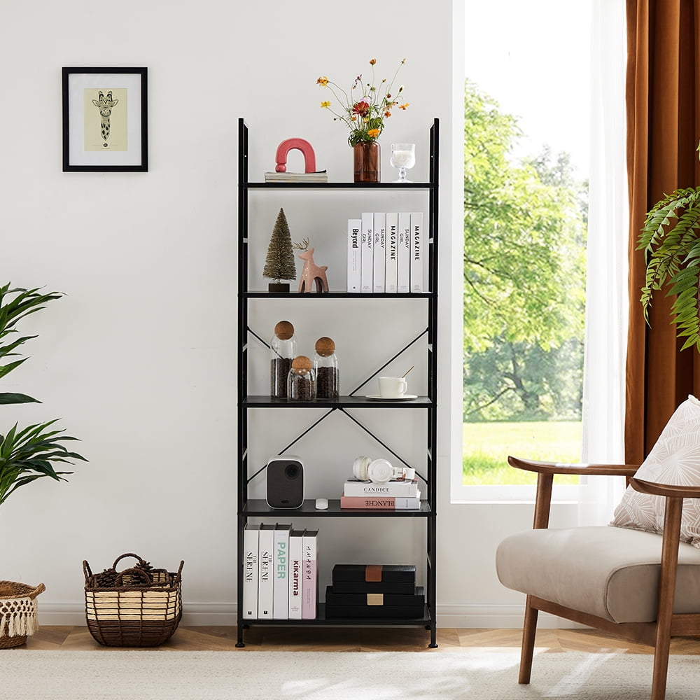 GIANNA 5-Tier Wooden Bookshelf with Adjustable Feet, Metal Frame, Waterproof and Scratch-Resistant Shelves, Black