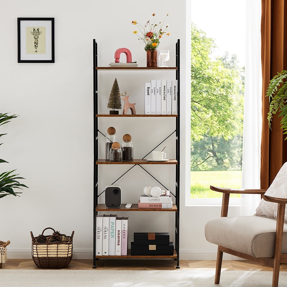 GIANNA 5-Tier Wooden Bookshelf with Adjustable Feet, Metal Frame, Waterproof and Scratch-Resistant Shelves, Rustic Brown