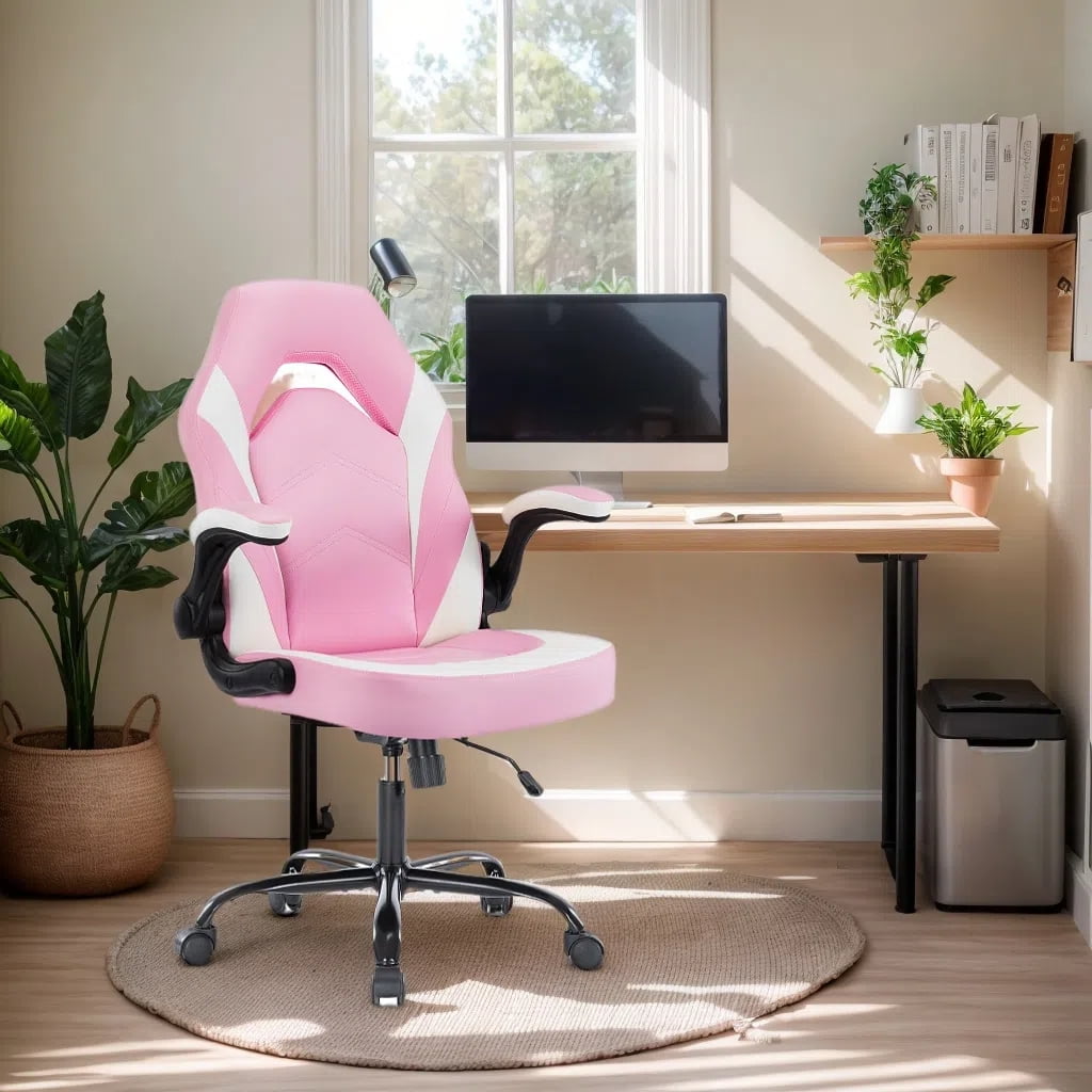 GIANNA Computer Gaming Desk Chair, Ergonomic Office Executive Adjustable Swivel PU Leather Racing Chair with Flip-up Armrest, Black Red