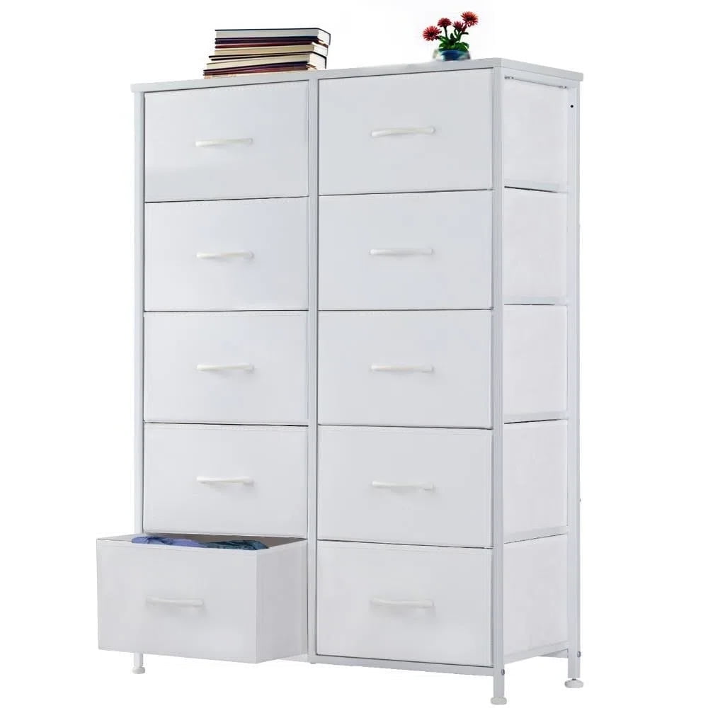 EDX Dresser for Bedroom with 10 Drawers, Tall Chest Organizer with Fabric Bins, Freestanding Storage Cabinet, White