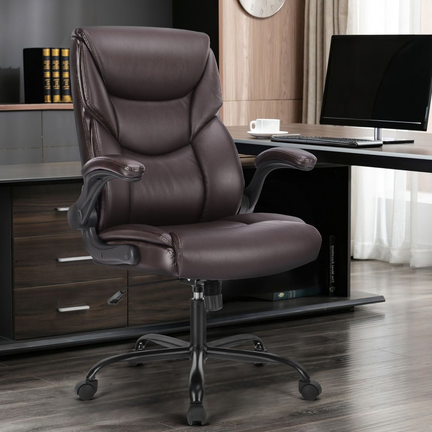 GIANNA Ergonomic Office Chair with Adjustable Flip-up Armrest, Strong Metal Base, PU Leather, Brown