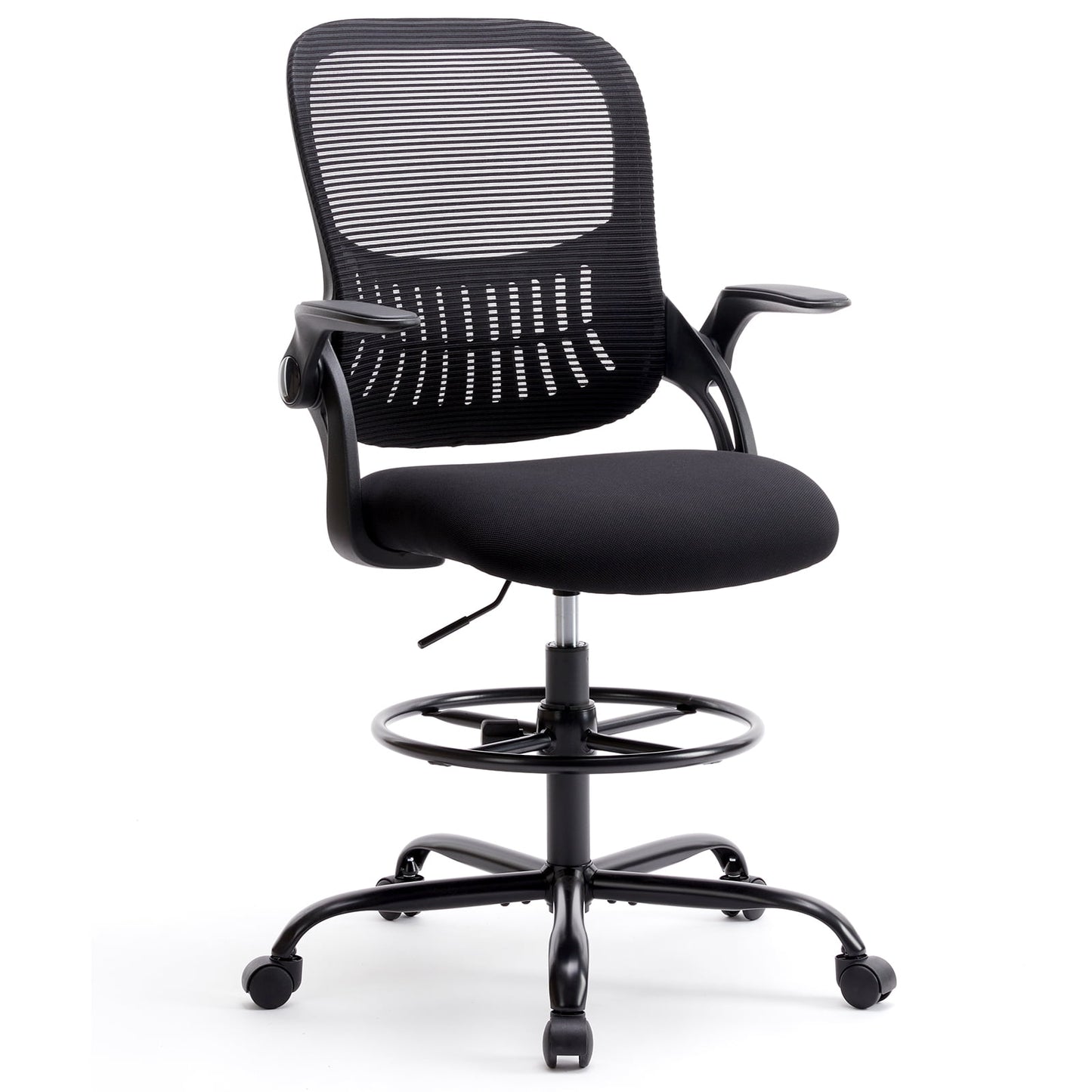 GIANNA Ergonomic Tall Mesh Office Chair with Storable Lumbar Support, Adjustable Foot Ring, Armrests, and Mid-Back Design – High Task Chair with Wheels, Black