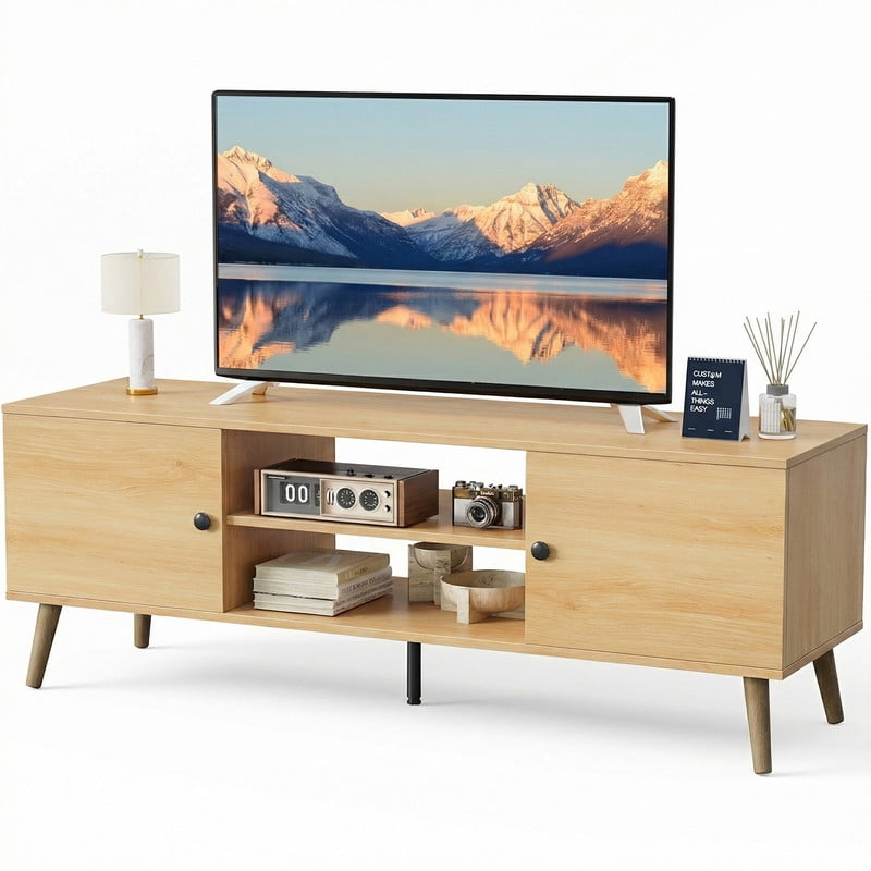 GIANNA Mid-Century Modern Wooden TV Stand for 55-60†TVs, 2 Storage Cabinets, Adjustable Shelf, Cable Management, Sturdy Legs, Easy Assembly, Wood