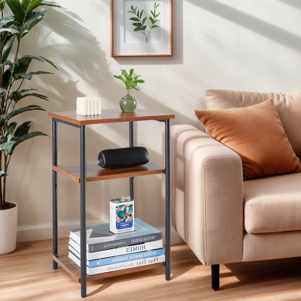 GIANNA Set of 2 End Table, 3-Tier Space-Saving Nightstand, Side Tables with Adjustable Feet, Rustic Brown