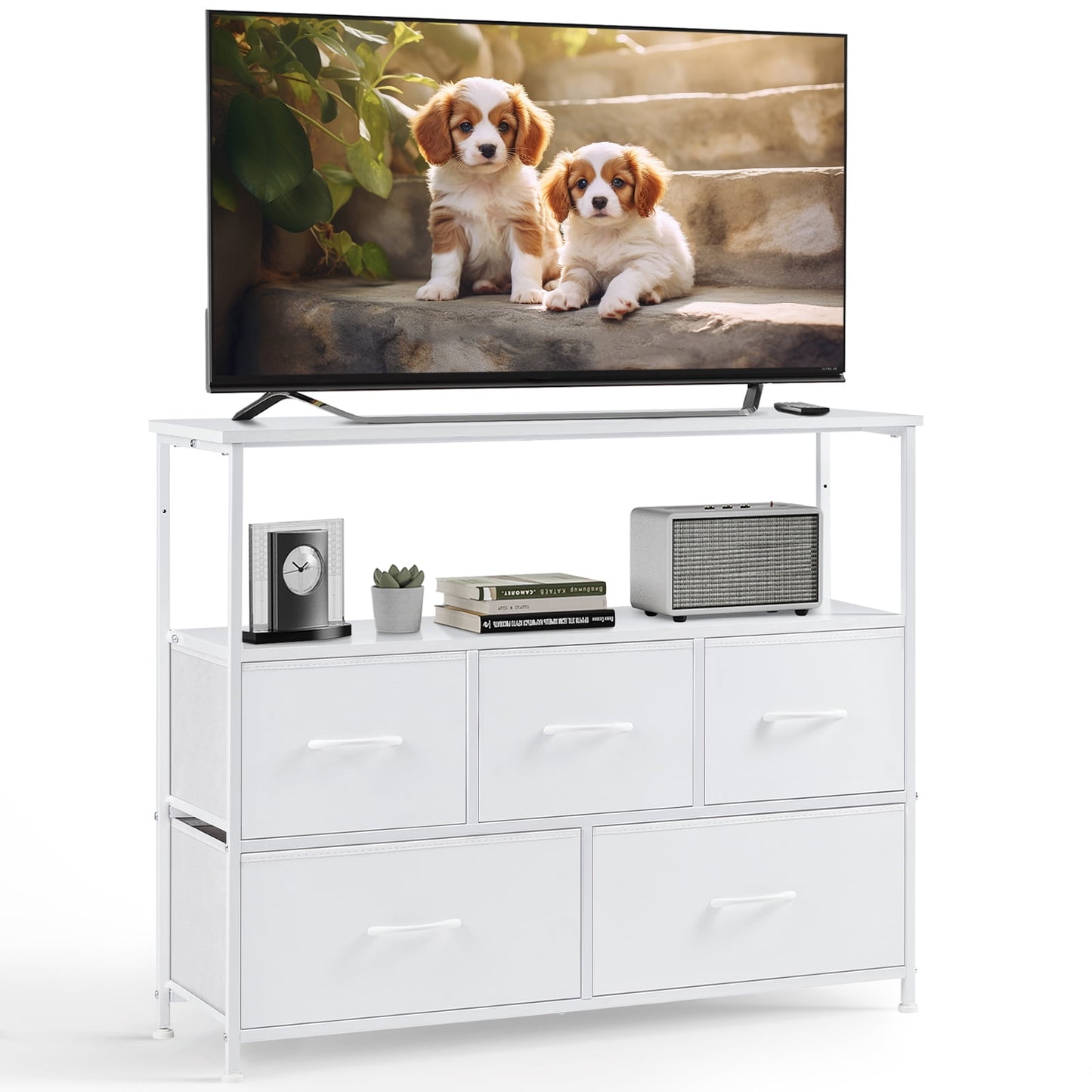 GIANNA TV Cabinet Stand, 5 Fabric Drawers & Adjustable Feet for Bedroom, White