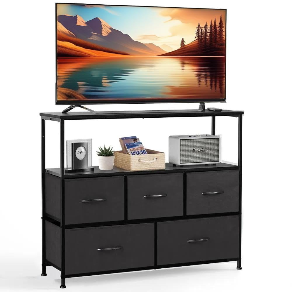 GIANNA TV Cabinet Stand with 5 Fabric Drawers, Adjustable Feet for Bedroom, Black