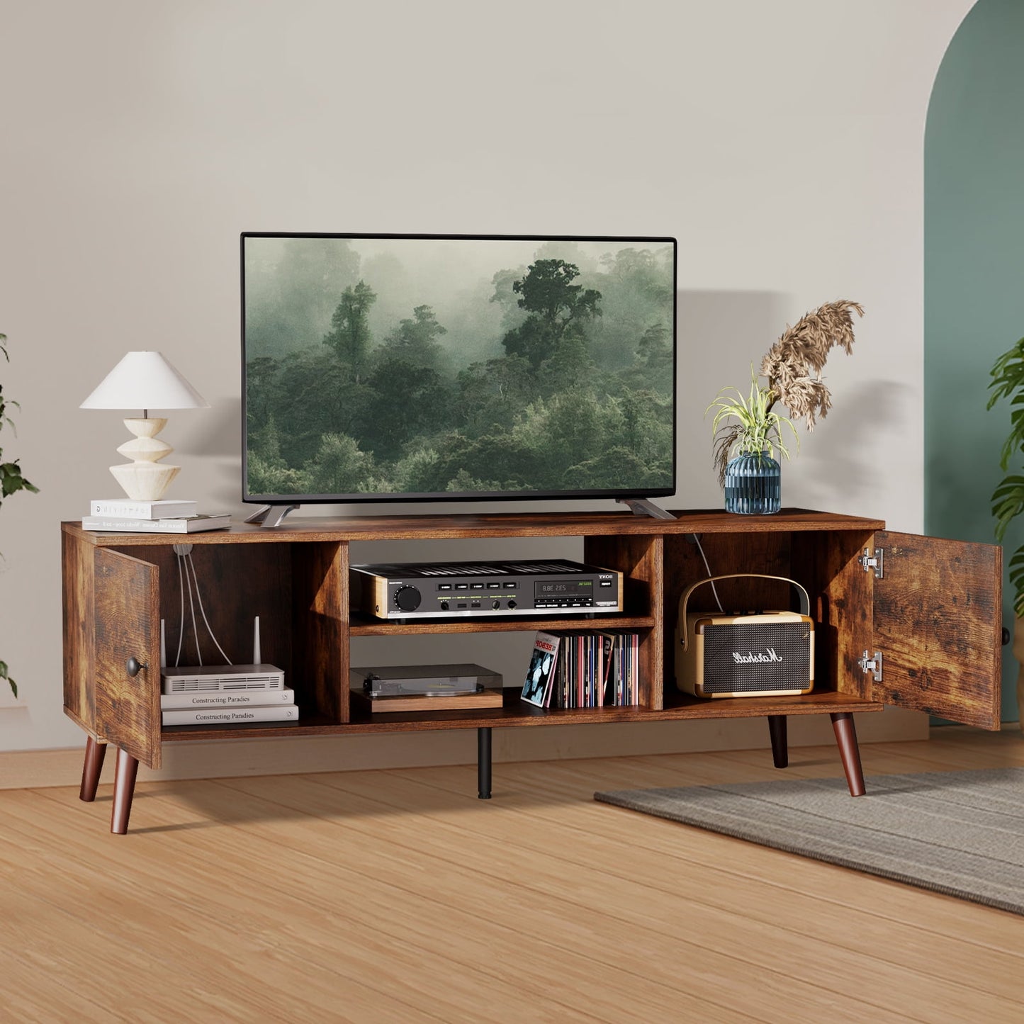 GIANNA TV Stand for TVs up to 60", Modern Mid Century Entertainment Center with Storage, 2 Cabinet Media Console Table, Vintage Brown