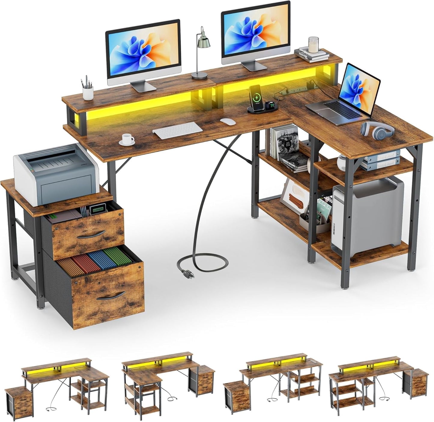 GTPLAYER L Shape Office Desk with File Drawers&Power Outlet, 69.3 Inch Reversible 2 Person Desk,Corner L Shape or Long Desk Set up,Monitor Stand &Storage Shelves, LED Lights &CPU Stand