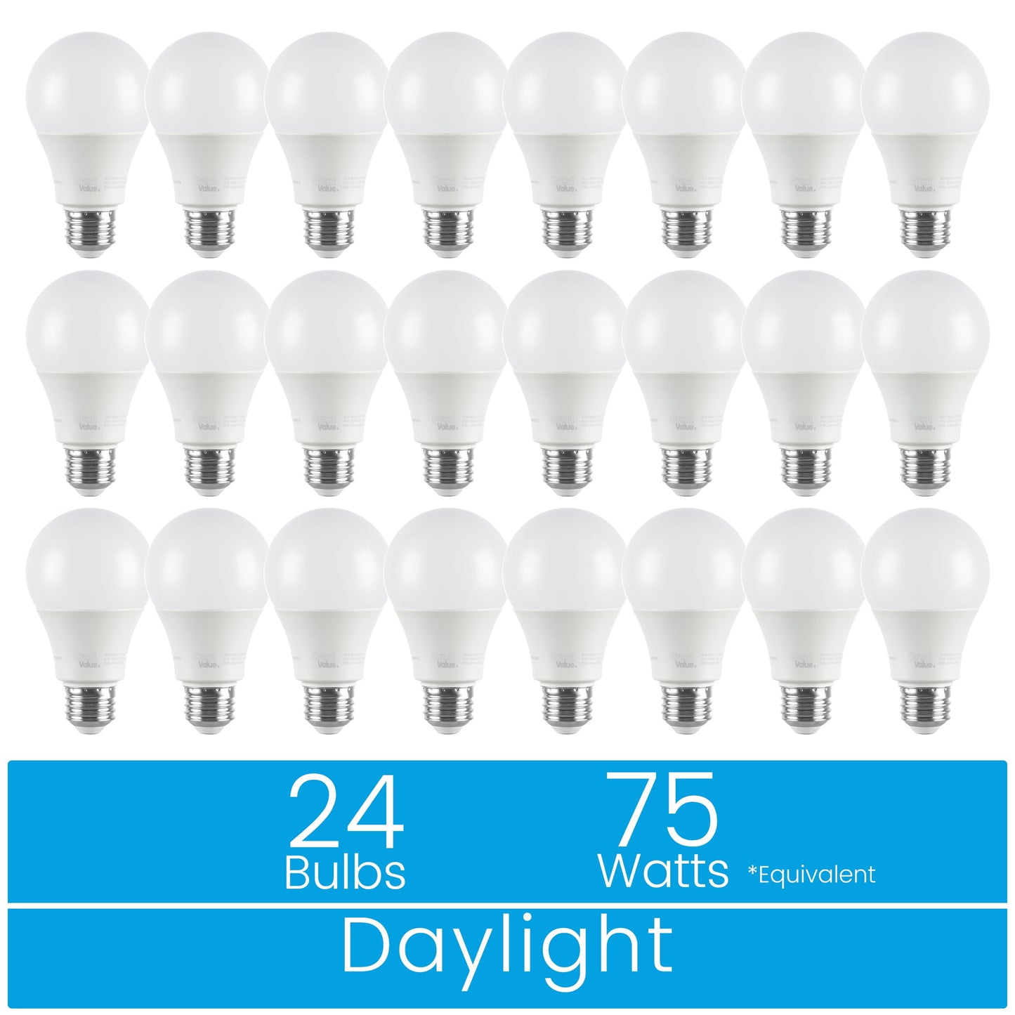 Great Value 18YR A19 LED Light Bulb, 11W (75W Equivalent) Dimmable Daylight E26 Medium Base, 24 Pack
