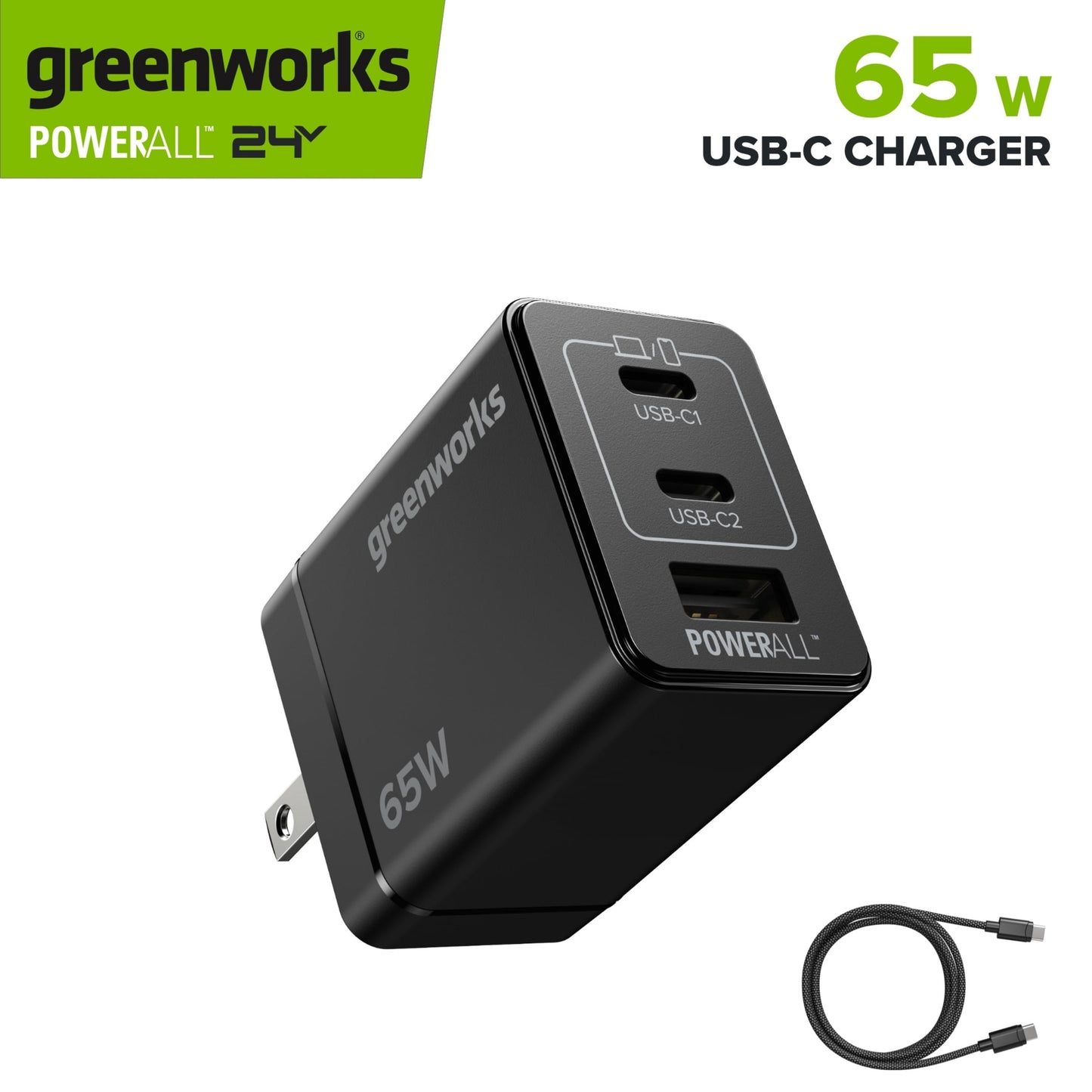 Greenworks PowerAll 24V Charger Set with 65W USB-C Charger Block and (1) 3' 100W USB-C Cable, AP065AAA1