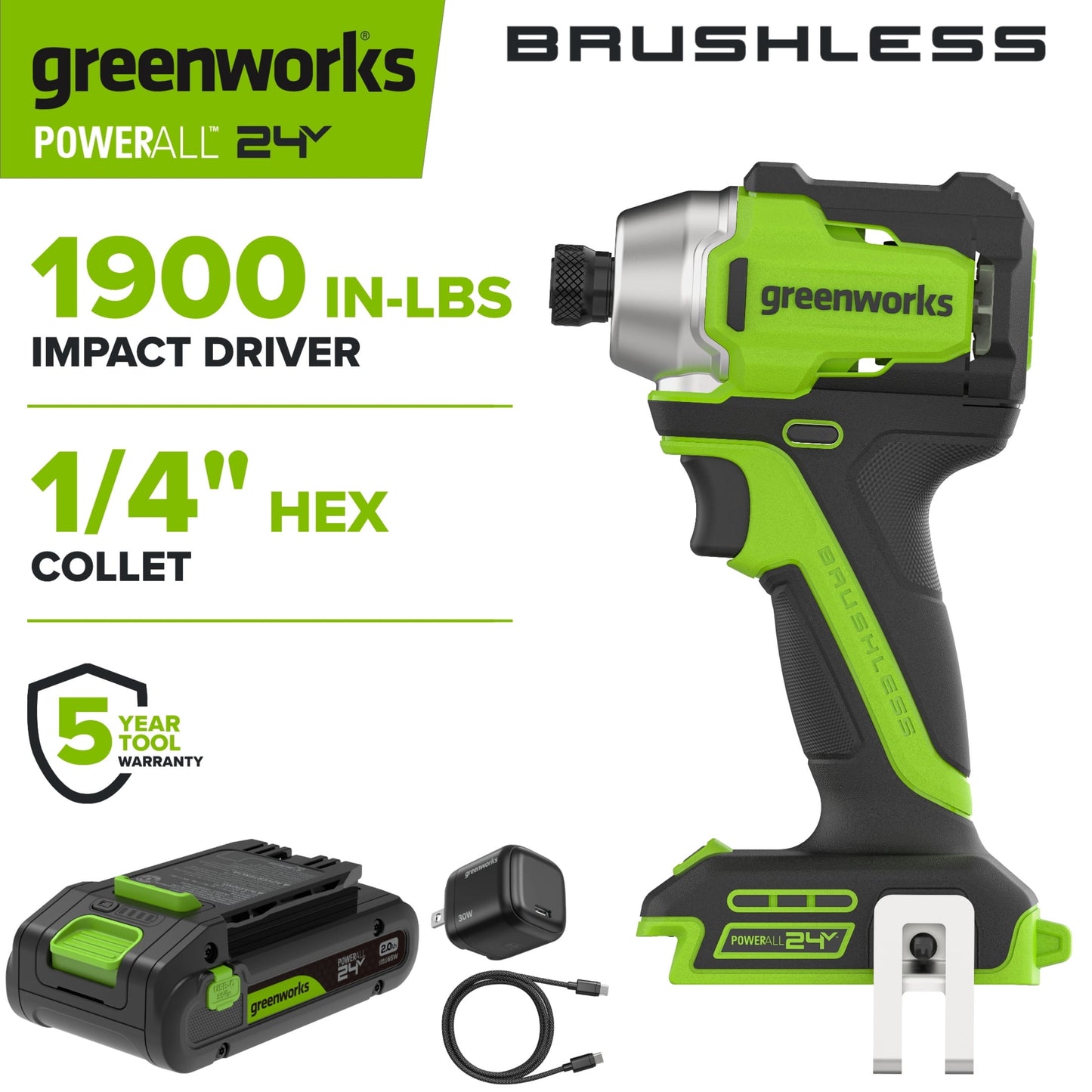 Greenworks PowerAll 24V Brushless 1,900 In-Lb Impact Driver, with 2.0 Ah USB-C Battery, 30W USB-C Charger Block, 3' 100W USB-C Cable, ID3200A1