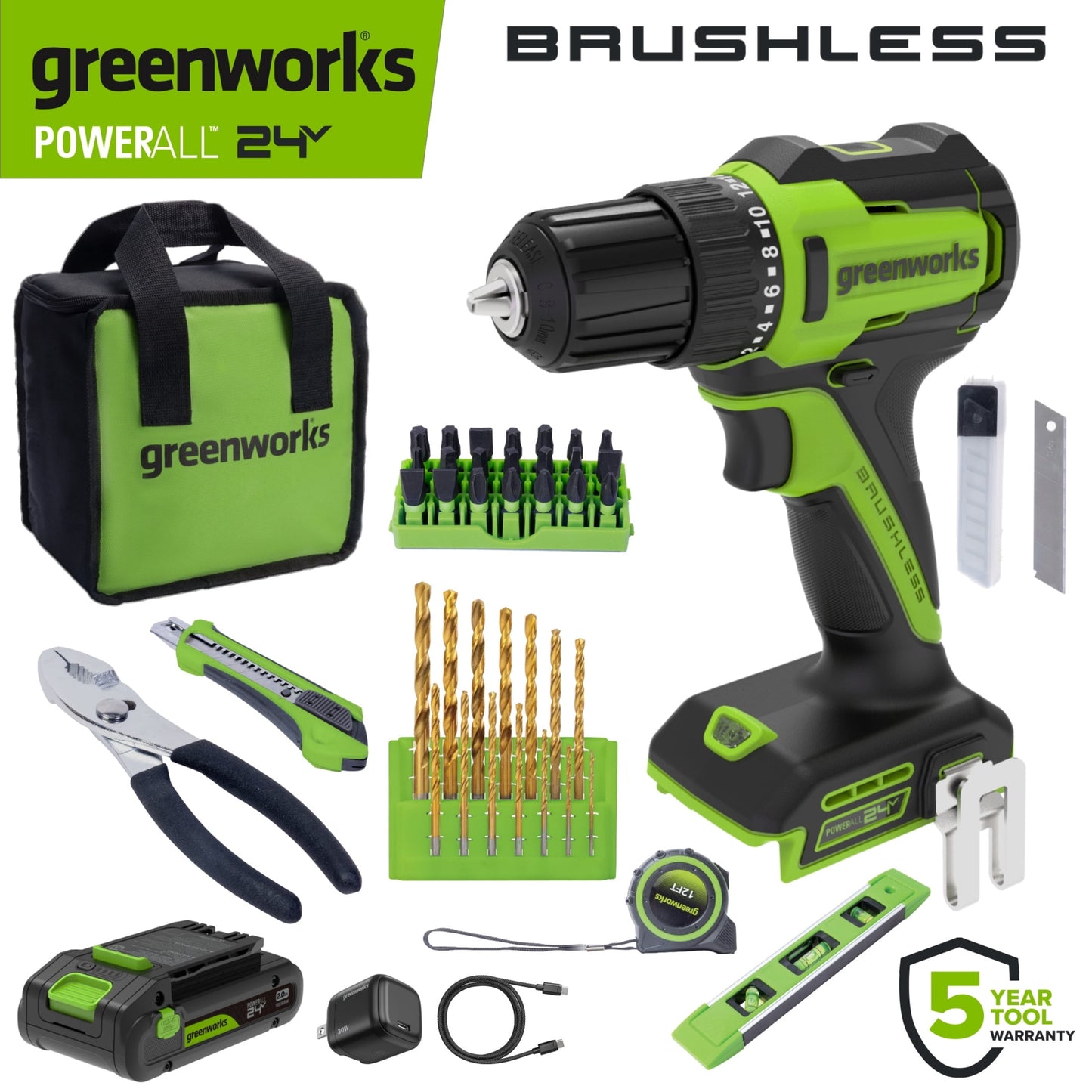 Greenworks PowerAll 24V Brushless 3/8" Drill Driver with 2Ah Battery and Hand Tools, PK301A1