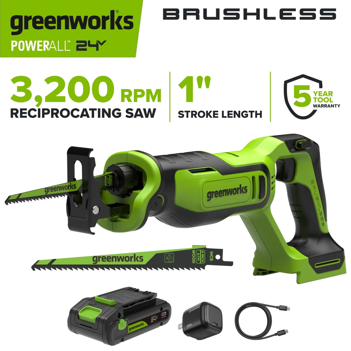 Greenworks PowerAll 24V Brushless Reciprocating Saw, 2Ah Battery, 30W Charger and Cable, RS326A2